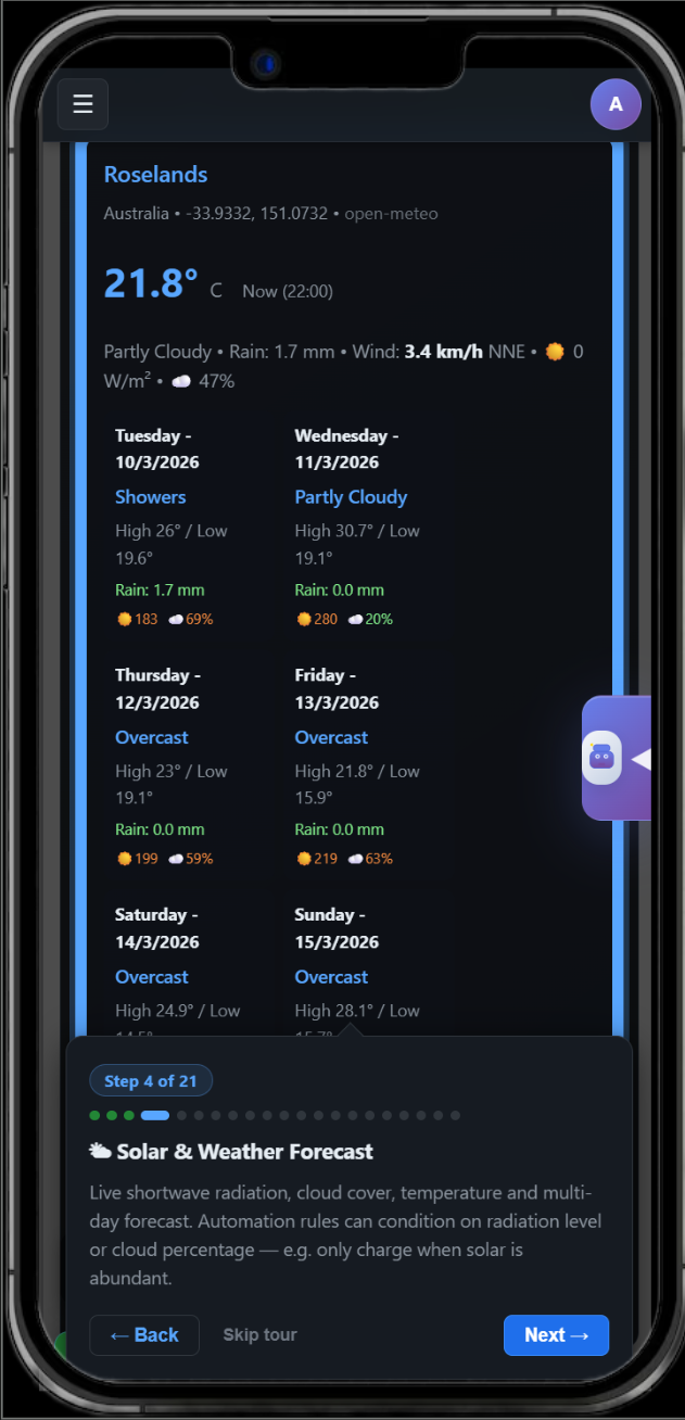Weather tile demo with forecast data used for automation planning