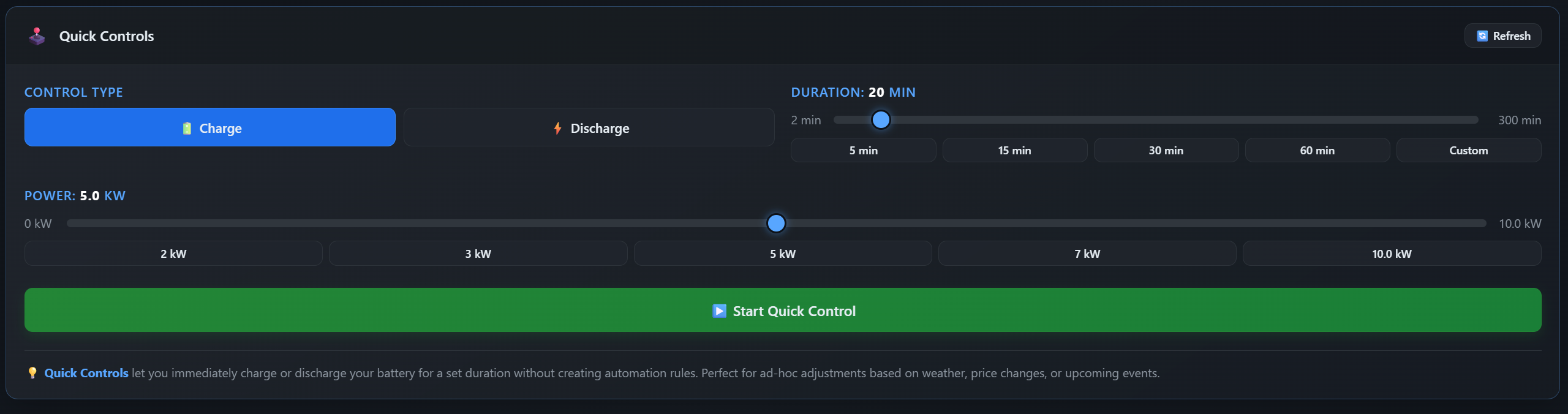 Quick Controls panel with action type, power and duration controls