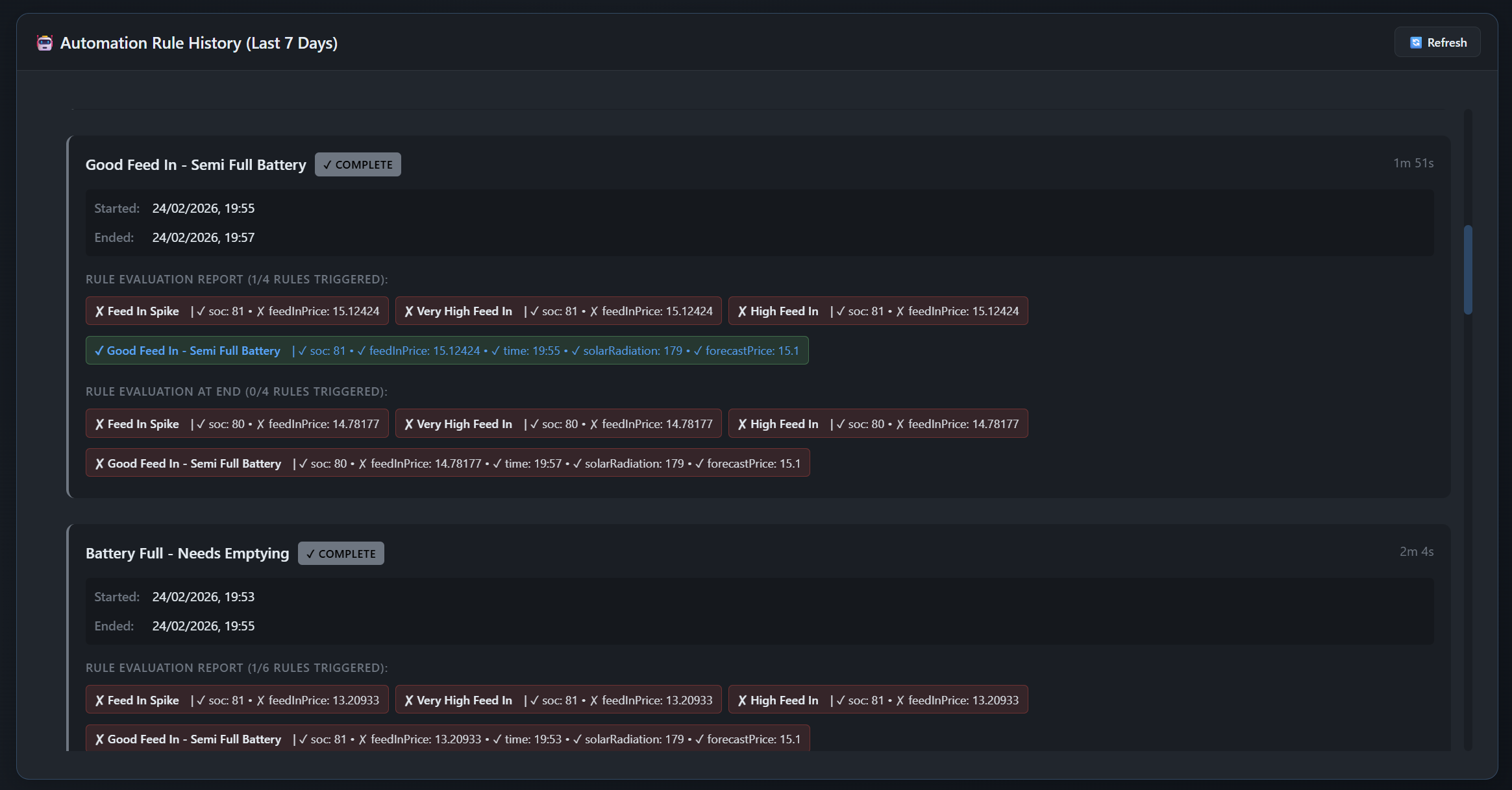 Rule history timeline showing condition-by-condition evaluation results