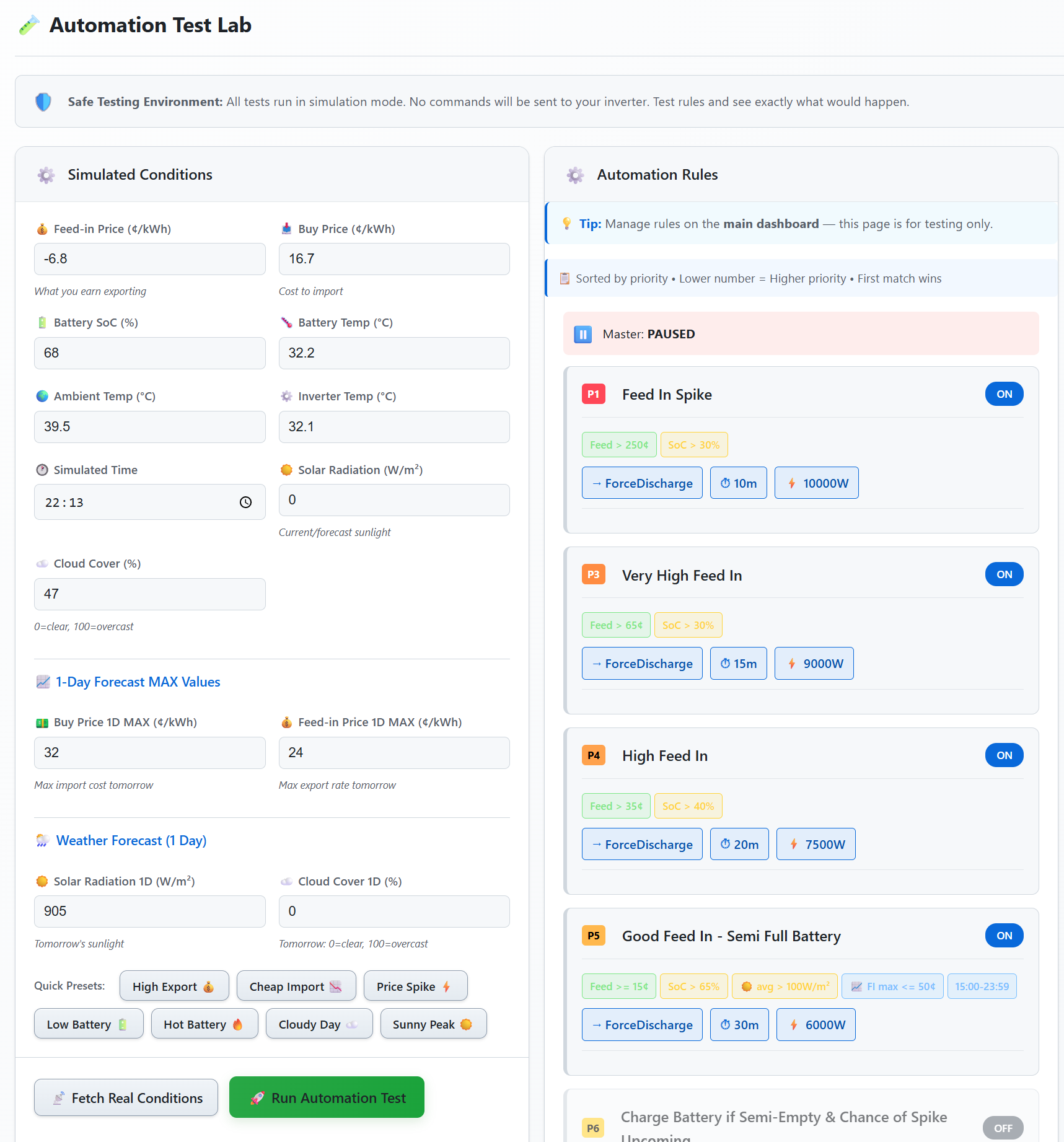 Automation Lab simulation panel with scenario testing and outcomes
