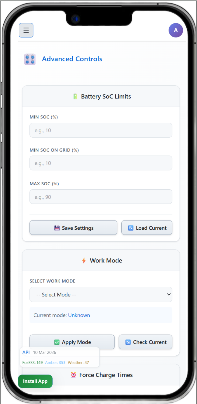 Advanced controls panel with inverter behavior and automation settings