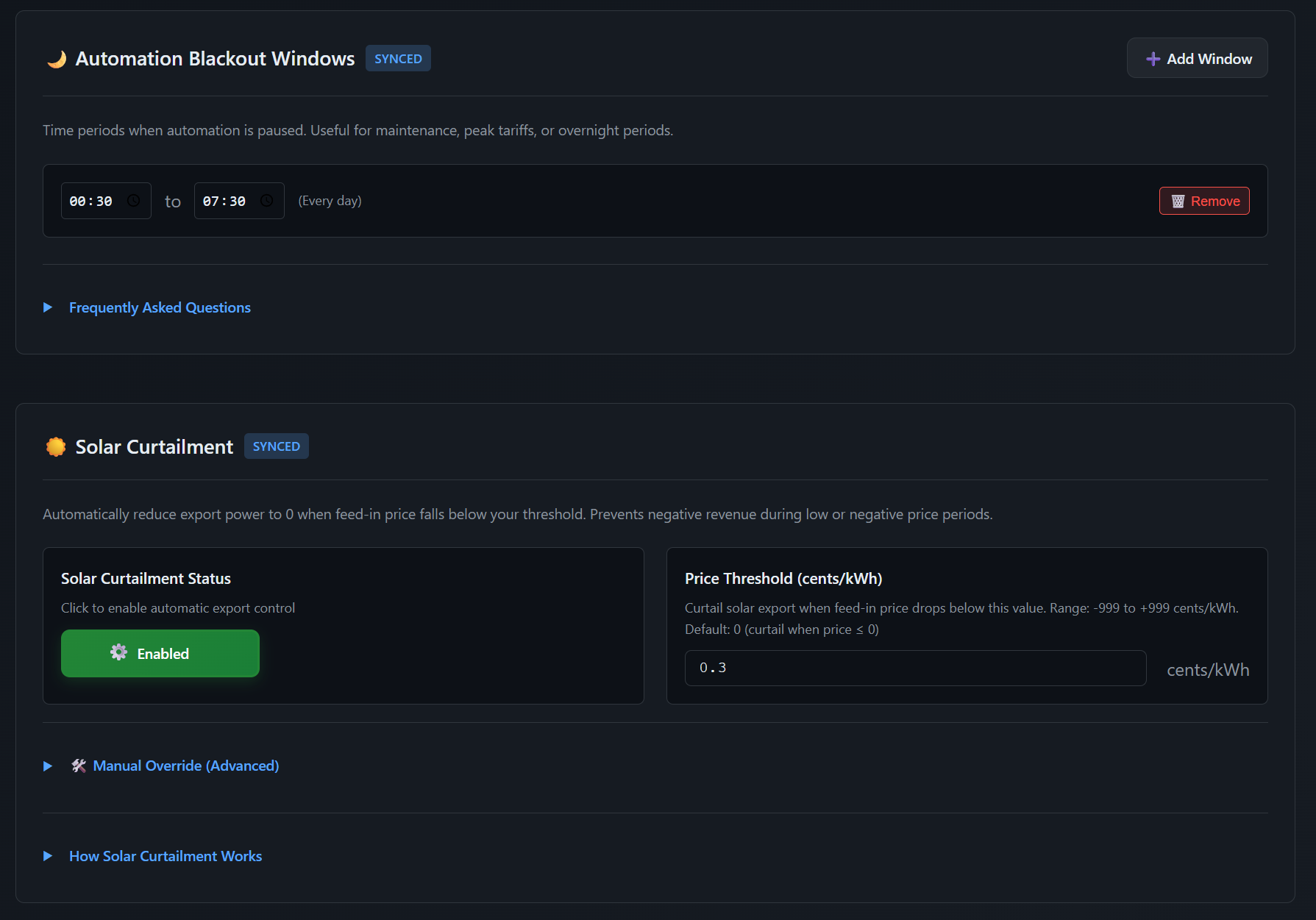 Blackout and curtailment controls for grid events and export limits